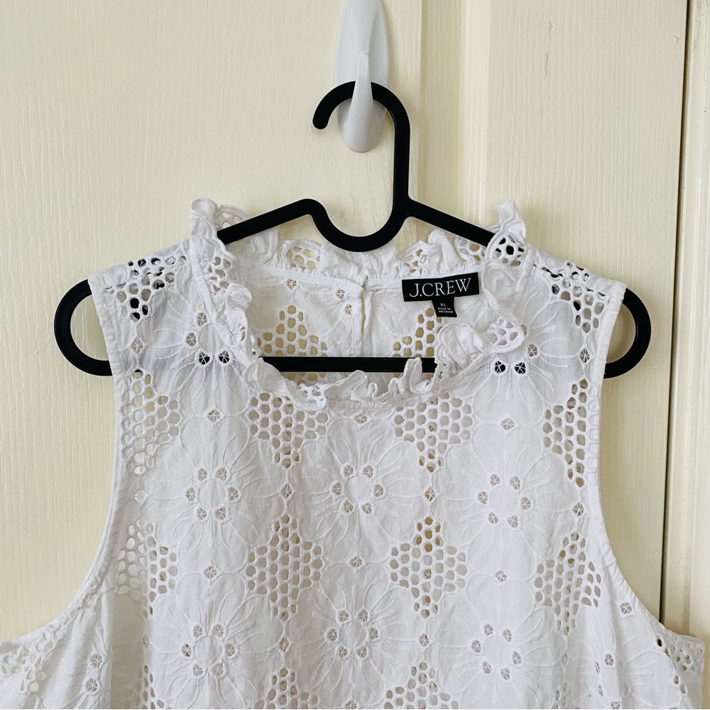 $128 NWOT J.Crew Fleur Ruffle Mock Neck White Eyelet Sleeveless Top Blouse XL - Picture 5 of 11